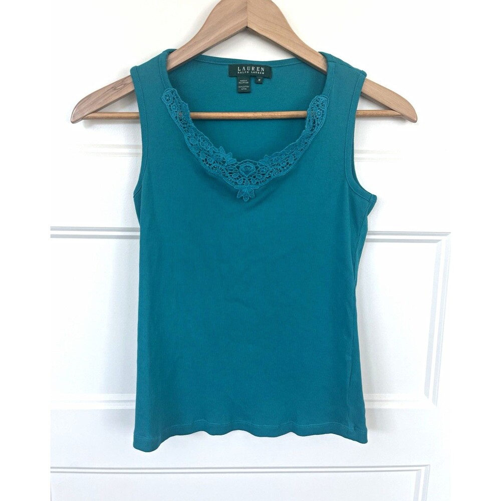 VTG Y2K Lauren Ralph Lauren Teal Green Ribbed Lace Trim Tank Top Cami Medium